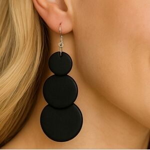 Black Wooden Disc Circles 3 Tier Dangle Earrings